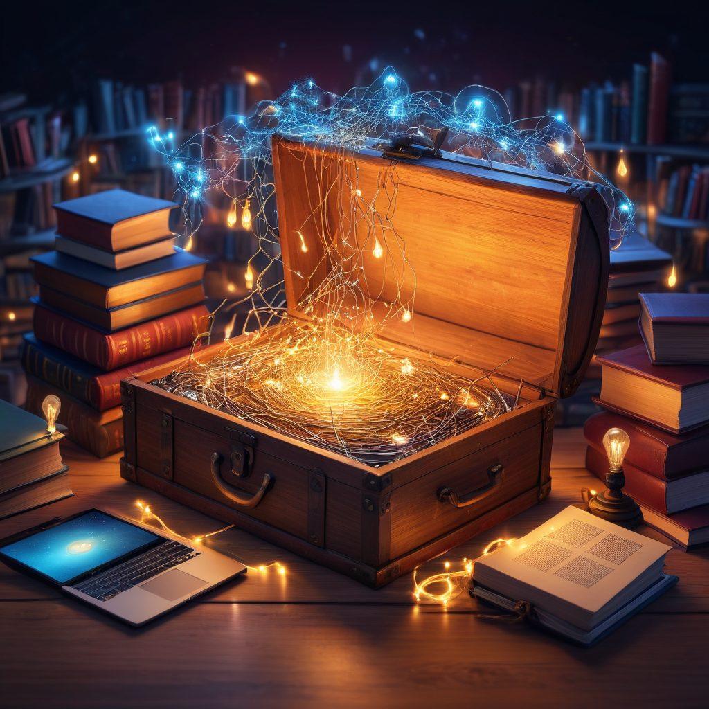 A metaphorical key unlocking a treasure chest filled with vibrant books, open laptops, and glowing lightbulbs representing knowledge sharing and community resources. The background features a digital landscape with interconnecting lines symbolizing a network of insights and collaboration. A diverse group of people is seen brainstorming around the chest, showcasing community spirit and togetherness. super-realistic. vibrant colors. digital art.