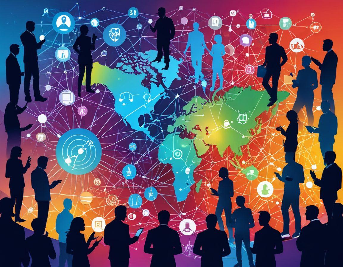 A vibrant digital mosaic depicting interconnected networks, symbolizing global communication. Include silhouettes of diverse people engaged in discussions, surrounded by icons representing technology, news, and community insights. The background should blend a gradient of bright colors, creating a lively atmosphere, embodying the spirit of staying informed and connected. bright colors. vector art. dynamic composition.