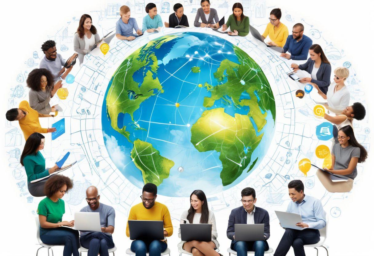 A vibrant collage showcasing diverse individuals engaged in knowledge sharing through digital tools like laptops and tablets. Include symbols of creativity like light bulbs and books, intertwined with abstract representations of artificial intelligence and technology. The background should have bright colors symbolizing empowerment and growth, with a globe indicating global connectivity. Include a sense of community and collaboration. super-realistic. vibrant colors. white background.